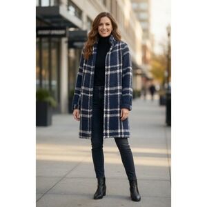 Weave of the Irish Navy Blue Plaid Boucle Wool Coat Made in Ireland Small